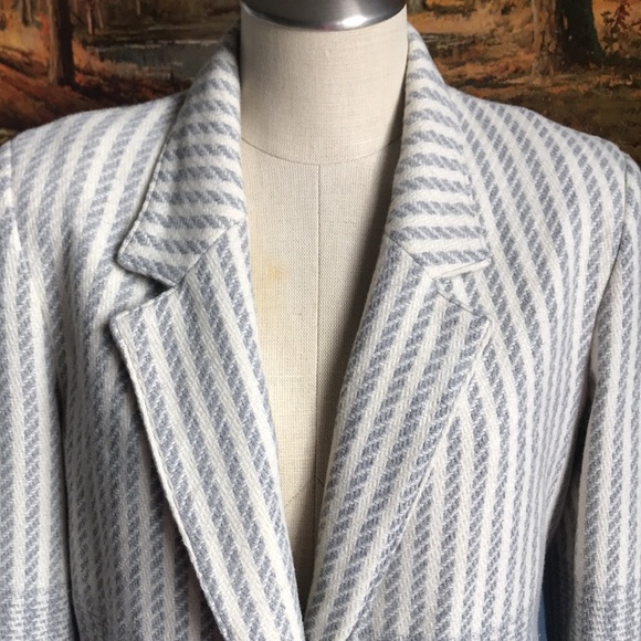Vintage Tan F Jay gray & cream striped wool blazer Sz 10 office career business - Picture 2 of 13